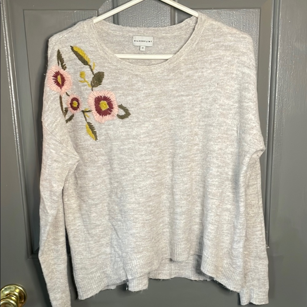 Silverflint Wool Alpaca Floral Embroidered Beige Sweater